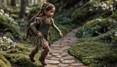 1girl,solo,long hair,skirt,brown hair,brown eyes,jewelry,standing,braid,flower,boots,outdoors,detached sleeves,dark skin,bag,blurry,dark-skinned female,depth of field,blurry background,brown footwear,backpack,grass,child,nature,realistic,road,blue eyes,bracelet,female child,tribal