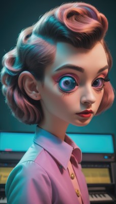 1girl,solo,looking at viewer,short hair,blue eyes,brown hair,shirt,bow,jewelry,closed mouth,upper body,multicolored hair,earrings,collared shirt,bowtie,black eyes,from side,lips,eyelashes,makeup,buttons,lipstick,instrument,eyeshadow,curly hair,pink shirt,nose,red lips,stud earrings,eyeliner,monitor,piano,artist name,portrait,realistic,television,mascara