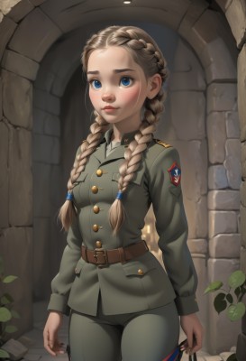 1girl,solo,long hair,breasts,looking at viewer,blush,blue eyes,blonde hair,brown hair,long sleeves,holding,closed mouth,standing,jacket,braid,cowboy shot,belt,pants,artist name,indoors,uniform,twin braids,lips,military,blood,military uniform,buttons,watermark,plant,hair over shoulder,forehead,buckle,freckles,pocket,belt buckle,green jacket,nose,hair tie,arms at sides,brown belt,wall,brick wall,dirty,green pants,deviantart username,small breasts,red lips,ruins,military jacket,medal,leather belt,stone wall