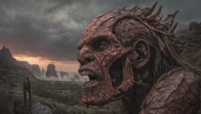 open mouth,1boy,standing,male focus,outdoors,sky,teeth,cloud,armor,cloudy sky,scenery,1other,science fiction,monster,mountain,realistic,size difference,giant,ruins,alien,bag,from behind,backpack,grass,rock