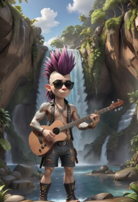 solo,1boy,jewelry,standing,full body,pink hair,purple hair,male focus,earrings,boots,outdoors,sky,shorts,day,belt,cloud,water,necklace,vest,bracelet,tree,tattoo,piercing,sandals,sunglasses,spiked hair,instrument,ear piercing,nature,rock,music,guitar,playing instrument,holding instrument,waterfall,mohawk,topless male,cliff