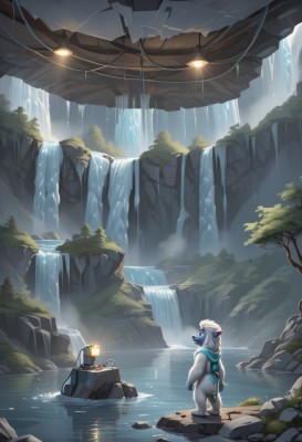 solo,standing,outdoors,water,from behind,scarf,tree,no humans,glowing,steam,nature,scenery,furry,forest,lantern,rock,facing away,lamp,blue scarf,river,waterfall,cave,1boy,artist name,hood,from side,pokemon (creature),watermark,ripples