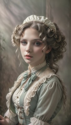 1girl,solo,long hair,breasts,looking at viewer,blue eyes,brown hair,long sleeves,dress,bow,ribbon,closed mouth,upper body,frills,puffy sleeves,blurry,lips,maid,maid headdress,blurry background,corset,freckles,curly hair,realistic,bangs,blonde hair,jewelry,parted lips,eyelashes,makeup,wavy hair,gem,lace trim,lace,green dress,lolita fashion,nose,red lips,bonnet