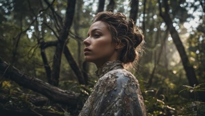 1girl,solo,short hair,brown hair,upper body,outdoors,parted lips,dark skin,blurry,from side,dark-skinned female,tree,lips,profile,depth of field,blurry background,sunlight,plant,nature,forest,freckles,curly hair,realistic,nose,fantasy,branch,brown eyes,day,armor,leaf,looking away