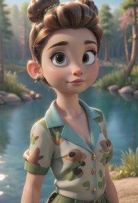 1girl,solo,breasts,looking at viewer,smile,short hair,skirt,brown hair,shirt,hair ornament,cleavage,jewelry,closed mouth,green eyes,collarbone,upper body,short sleeves,earrings,small breasts,outdoors,day,collared shirt,belt,artist name,water,hair bun,blurry,tree,lips,buttons,blurry background,single hair bun,thick eyebrows,grass,green skirt,nature,freckles,rock,river,lake,pond