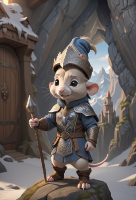 solo,looking at viewer,smile,long sleeves,1boy,hat,holding,brown eyes,closed mouth,standing,tail,full body,weapon,male focus,outdoors,sky,day,belt,pants,artist name,holding weapon,armor,black eyes,no humans,animal,brown footwear,polearm,furry,spear,mouse ears,fantasy,mouse tail,hat feather,holding polearm,mouse,whiskers,animal ears,cloud,tree,helmet,shoulder armor,snow,shield,rock,mountain,furry male,castle,holding shield,cliff