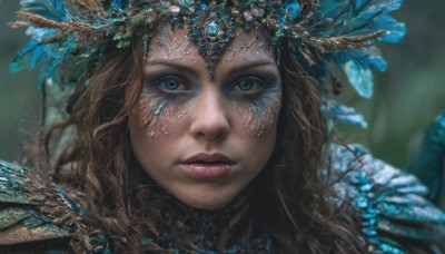 1girl,solo,long hair,looking at viewer,blue eyes,brown hair,hair ornament,jewelry,closed mouth,artist name,armor,blurry,lips,eyelashes,makeup,depth of field,blurry background,wavy hair,feathers,gem,portrait,close-up,circlet,crystal,realistic,nose,fantasy,red lips,feather hair ornament,straight-on,freckles