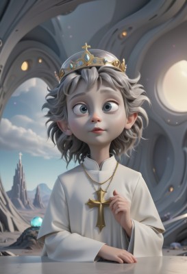 1girl,solo,looking at viewer,short hair,long sleeves,1boy,jewelry,closed mouth,upper body,grey hair,outdoors,parted lips,sky,day,pointy ears,cloud,indoors,hand up,wide sleeves,necklace,black eyes,blue sky,lips,grey eyes,cross,crown,child,pendant,freckles,robe,wide-eyed,fantasy,cross necklace,holding jewelry,blue eyes,dress,tiara,realistic,nose