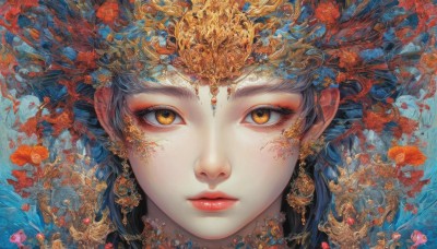 1girl,solo,looking at viewer,short hair,bangs,brown eyes,jewelry,closed mouth,yellow eyes,flower,earrings,lips,orange eyes,eyelashes,makeup,expressionless,lipstick,gem,portrait,close-up,eyeshadow,red lips,straight-on,black hair,hair ornament,blue hair,fish,eyeliner,gold,mascara