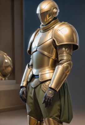 solo,1boy,standing,male focus,cowboy shot,pants,indoors,armor,feet out of frame,helmet,shoulder armor,gauntlets,1other,pauldrons,breastplate,arms at sides,vambraces,greaves,brown pants,faulds,knight,full armor,green pants,ambiguous gender,covered face,helm,chainmail,gold armor,leg armor,plate armor,gloves,boots,shiny,blurry,blurry background