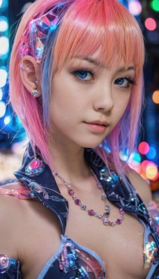 1girl,solo,breasts,looking at viewer,short hair,bangs,blue eyes,cleavage,bare shoulders,jewelry,medium breasts,closed mouth,upper body,pink hair,multicolored hair,hairband,earrings,small breasts,necklace,blurry,vest,lips,eyelashes,makeup,depth of field,blurry background,gem,pendant,freckles,realistic,nose,bokeh,mascara,collarbone,swimsuit,bikini,open clothes,sleeveless,shiny,artist name,orange hair,gradient hair,watermark,piercing,lipstick,ear piercing,portrait,lens flare,eyeshadow,pink lips,eyeliner,open vest,cyberpunk