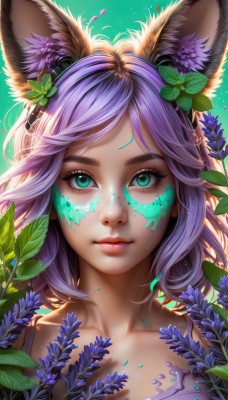 1girl,solo,long hair,breasts,looking at viewer,short hair,bangs,simple background,hair ornament,animal ears,closed mouth,green eyes,collarbone,upper body,purple hair,flower,artist name,hair flower,aqua eyes,lips,animal ear fluff,fox ears,eyelashes,makeup,leaf,facial mark,plant,portrait,eyeshadow,green background,pink lips,nose,facepaint,mascara,realistic,bodypaint,paint splatter,splatter