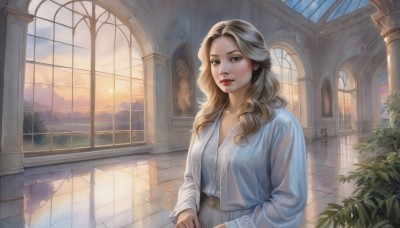 1girl,solo,long hair,breasts,looking at viewer,blonde hair,brown hair,shirt,long sleeves,brown eyes,standing,white shirt,upper body,parted lips,sky,belt,cloud,indoors,tree,lips,window,makeup,shadow,wavy hair,sunlight,plant,scenery,reflection,curly hair,sunset,mountain,tiles,red lips,tile floor,pillar,skirt,blouse,realistic