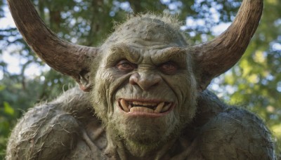 solo,looking at viewer,open mouth,1boy,brown eyes,upper body,flower,male focus,outdoors,horns,teeth,blurry,blurry background,facial hair,portrait,beard,realistic,tusks,smile,day,depth of field,fangs