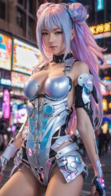 1girl,solo,long hair,breasts,looking at viewer,bangs,blue eyes,large breasts,gloves,cleavage,bare shoulders,jewelry,medium breasts,standing,pink hair,multicolored hair,cowboy shot,earrings,solo focus,choker,black gloves,fingerless gloves,hair bun,blurry,collar,leotard,lips,double bun,bodysuit,blurry background,science fiction,realistic,cyberpunk,blue hair,purple hair,light purple hair,android,neon lights