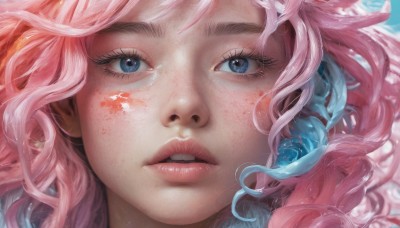 1girl,solo,long hair,looking at viewer,blue eyes,blue hair,pink hair,multicolored hair,parted lips,teeth,lips,eyelashes,makeup,portrait,close-up,freckles,realistic,nose,bangs,wavy hair,curly hair,underwater