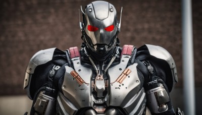 solo,looking at viewer,red eyes,1boy,upper body,male focus,signature,armor,blurry,no humans,blurry background,helmet,robot,science fiction,straight-on,humanoid robot,mecha,realistic,cable,power armor,radio antenna