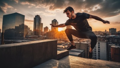 solo,short hair,shirt,black hair,1boy,male focus,outdoors,sky,shoes,pants,cloud,black shirt,facial hair,cloudy sky,t-shirt,building,sneakers,scenery,beard,sunset,city,realistic,sun,cityscape,open mouth,jewelry,black footwear,black pants,rooftop,sunrise