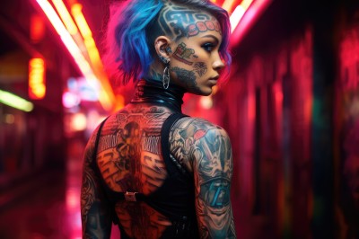 1girl,solo,short hair,blue eyes,bare shoulders,jewelry,closed mouth,blue hair,upper body,multicolored hair,earrings,looking back,from behind,blurry,lips,tattoo,profile,makeup,blurry background,back,piercing,ear piercing,nose,arm tattoo,shoulder tattoo,undercut,facial tattoo,mohawk,cyberpunk,neck tattoo,back tattoo,nose piercing,neon lights,looking at viewer,sleeveless,headband,hoop earrings,cyborg,full-body tattoo,eyebrow piercing