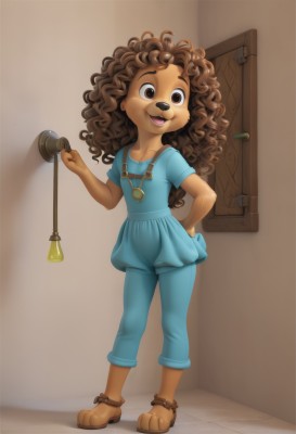 1girl,solo,long hair,looking at viewer,smile,open mouth,brown hair,shirt,holding,animal ears,brown eyes,jewelry,standing,full body,short sleeves,pants,indoors,dark skin,necklace,flat chest,dark-skinned female,hand on hip,bell,blue shirt,messy hair,child,furry,curly hair,door,furry female,overalls,brown footwear,sandals