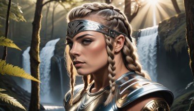 1girl,solo,long hair,blonde hair,brown hair,brown eyes,jewelry,upper body,braid,earrings,outdoors,parted lips,day,water,armor,blurry,twin braids,tree,lips,grey eyes,eyelashes,blurry background,headband,leaf,piercing,sunlight,shoulder armor,portrait,nature,pauldrons,circlet,breastplate,realistic,nose,stud earrings,waterfall,multiple braids,looking at viewer,feathers,forest