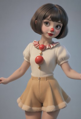 1girl,solo,looking at viewer,blush,smile,short hair,bangs,skirt,simple background,brown hair,shirt,brown eyes,standing,white shirt,short sleeves,cowboy shot,parted lips,shorts,puffy sleeves,grey background,puffy short sleeves,lips,makeup,buttons,bob cut,lipstick,blouse,child,freckles,brown skirt,red lips,female child,jewelry,necklace,brown shorts