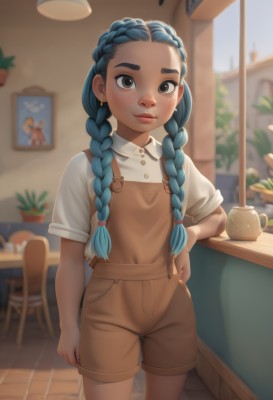 1girl,solo,long hair,looking at viewer,blush,smile,bangs,shirt,twintails,brown eyes,jewelry,closed mouth,blue hair,standing,white shirt,braid,short sleeves,cowboy shot,earrings,shorts,day,collared shirt,artist name,indoors,blurry,twin braids,cup,lips,hand on hip,window,aqua hair,depth of field,blurry background,watermark,chair,table,thick eyebrows,plant,child,hair over shoulder,forehead,freckles,female child,potted plant,overalls,brown shorts,overall shorts,mug