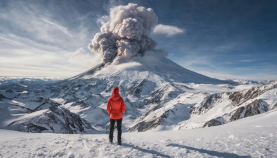 solo, 1boy, standing, jacket, male focus, outdoors, sky, day, pants, cloud, hood, from behind, blue sky, black pants, cloudy sky, scenery, snow, mountain, hands in pockets, facing away