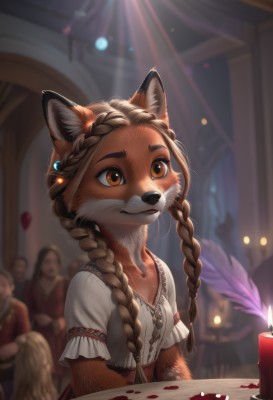 1girl,long hair,smile,multiple girls,brown hair,shirt,animal ears,brown eyes,jewelry,collarbone,tail,white shirt,upper body,braid,short sleeves,earrings,multiple boys,solo focus,artist name,indoors,signature,necklace,blurry,twin braids,flat chest,orange eyes,book,fox ears,depth of field,blurry background,table,furry,forehead,open book,fantasy,furry female,candle,body fur,animal nose,snout,brown fur,furrification,candlelight,breasts,hair ornament,dress,2girls,closed mouth,small breasts,cat ears,crop top,petals,looking away,sunlight,feathers,hair over shoulder,freckles,light rays