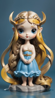 1girl,solo,long hair,looking at viewer,blush,blue eyes,blonde hair,simple background,dress,bare shoulders,very long hair,nipples,standing,full body,braid,barefoot,pointy ears,water,twin braids,flat chest,lips,loli,blue dress,own hands together,absurdly long hair,horns,eyelashes,strapless,strapless dress,crown braid