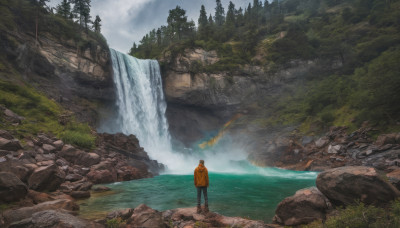 solo, 1boy, standing, male focus, outdoors, sky, day, cloud, hood, water, from behind, tree, nature, scenery, forest, rock, river, waterfall