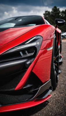 solo,1boy,outdoors,sky,day,cloud,blurry,tree,no humans,blood,blurry background,ground vehicle,motor vehicle,realistic,car,road,vehicle focus,photo background,sports car,cloudy sky,wheel