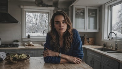 1girl,solo,long hair,looking at viewer,blue eyes,brown hair,shirt,long sleeves,jacket,upper body,food,shoes,day,indoors,tree,lips,window,wavy hair,crossed arms,table,blue shirt,snow,watch,realistic,wristwatch,kitchen,sink,cutting board,brown eyes,jewelry,parted lips,mole,reflection,winter,faucet,denim jacket