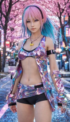 1girl,solo,long hair,breasts,looking at viewer,smile,blue eyes,gloves,navel,cleavage,bare shoulders,jewelry,medium breasts,underwear,blue hair,swimsuit,pink hair,multicolored hair,cowboy shot,hairband,small breasts,outdoors,shorts,midriff,fingerless gloves,water,necklace,bra,blurry,two-tone hair,tree,lips,short shorts,gradient hair,depth of field,blurry background,black shorts,thigh gap,cherry blossoms,pendant,realistic,bangs,closed mouth,standing,collarbone,bikini,open clothes,belt,stomach,bracelet,armband,arms at sides,road,street