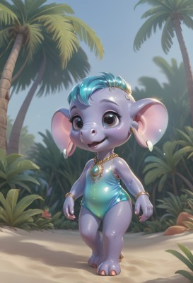 1girl,solo,looking at viewer,smile,short hair,open mouth,hair ornament,animal ears,bare shoulders,brown eyes,jewelry,blue hair,standing,swimsuit,full body,earrings,outdoors,sky,barefoot,teeth,day,hairclip,shiny,artist name,necklace,black eyes,shiny hair,flat chest,bracelet,tree,blue sky,one-piece swimsuit,shiny skin,loli,:3,cameltoe,colored skin,beach,happy,grass,child,furry,walking,blue one-piece swimsuit,mouse ears,sand,palm tree,furry female,female child,bangle,bush,body fur,animal nose,animal feet,buck teeth,grey fur,yordle,tail,flower,mouse tail