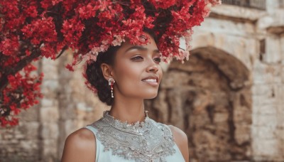 1girl,solo,brown hair,black hair,dress,bare shoulders,brown eyes,jewelry,upper body,flower,earrings,outdoors,parted lips,teeth,sleeveless,hair bun,blurry,black eyes,tree,lips,depth of field,blurry background,looking away,single hair bun,portrait,realistic,nose,smile,open mouth,blue eyes,braid,dark skin,white dress,dark-skinned female,looking up