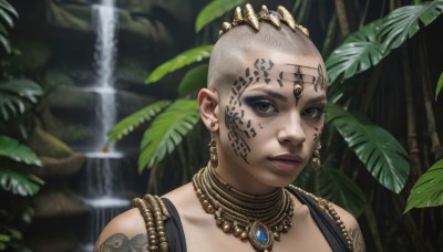 1girl,solo,looking at viewer,short hair,brown eyes,jewelry,upper body,grey hair,earrings,parted lips,dark skin,water,necklace,blurry,black eyes,dark-skinned female,lips,grey eyes,tattoo,makeup,blurry background,leaf,plant,portrait,nature,realistic,bald,very short hair,waterfall,black hair,male focus,gem,facepaint