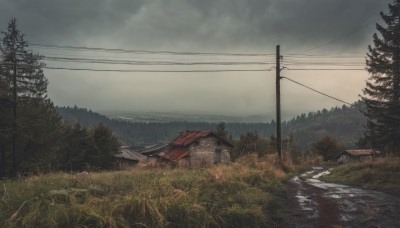 outdoors,sky,day,cloud,water,tree,no humans,cloudy sky,grass,building,nature,scenery,forest,mountain,road,architecture,house,east asian architecture,power lines,river,utility pole,landscape,grey sky,bush,path