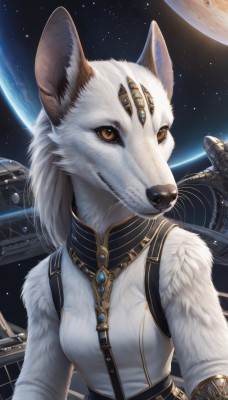 1girl,solo,long hair,breasts,looking at viewer,shirt,animal ears,brown eyes,jewelry,closed mouth,upper body,white hair,sky,sleeveless,artist name,signature,orange eyes,animal,moon,brooch,gem,star (sky),furry,starry sky,colored sclera,science fiction,furry female,space,body fur,forehead jewel,planet,alien,snout,earth (planet),spacecraft,fluffy,necklace,realistic,black sclera