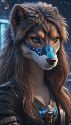 1girl,solo,long hair,looking at viewer,blue eyes,brown hair,animal ears,jewelry,collarbone,jacket,upper body,artist name,necklace,blurry,mask,blurry background,animal,furry,furry female,animal nose,whiskers,snout,brown eyes,signature,science fiction,realistic