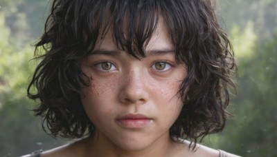 1girl,solo,looking at viewer,short hair,bangs,black hair,brown eyes,outdoors,parted lips,day,artist name,signature,blurry,lips,depth of field,blurry background,wavy hair,messy hair,portrait,close-up,freckles,realistic,nose,shirt,closed mouth,white shirt,eyelashes,expressionless