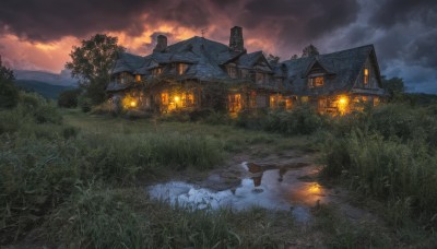 outdoors,sky,cloud,water,tree,no humans,window,night,cloudy sky,grass,plant,building,nature,scenery,forest,reflection,sunset,lantern,mountain,house,river,evening,fantasy,door,bush,lake,path,pond,reflective water,chimney