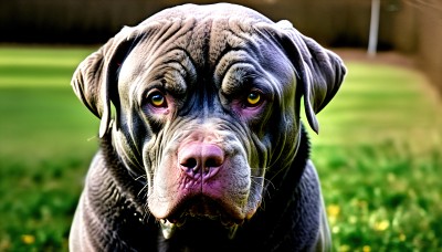 HQ,solo,looking at viewer,yellow eyes,outdoors,blurry,no humans,depth of field,blurry background,animal,grass,realistic,animal focus,whiskers,dog