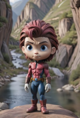 solo,looking at viewer,short hair,blue eyes,brown hair,gloves,1boy,closed mouth,standing,full body,male focus,red hair,boots,outdoors,day,belt,white gloves,water,chibi,armor,blurry,bodysuit,muscular,depth of field,blurry background,frown,abs,thick eyebrows,muscular male,red footwear,clenched hands,blue pants,brown belt,superhero,waterfall,cliff,rock