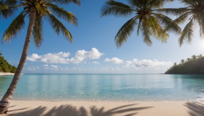 outdoors,sky,day,cloud,water,tree,blue sky,no humans,shadow,ocean,beach,sunlight,cloudy sky,nature,scenery,sand,palm tree,sun,horizon,shade,summer,shore,signature,forest,island