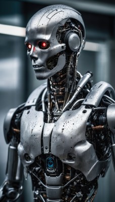 solo,red eyes,1boy,upper body,male focus,signature,blurry,no humans,blurry background,glowing,robot,mecha,glowing eyes,1other,science fiction,realistic,android,joints,cable,cyborg,damaged,robot joints,cyberpunk,mechanical parts,humanoid robot,looking at viewer,armor,lips,depth of field,machinery,wire