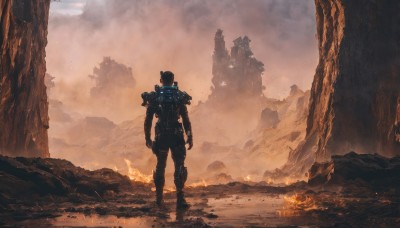 solo,1boy,standing,male focus,outdoors,sky,from behind,armor,fire,robot,scenery,mecha,1other,smoke,walking,science fiction,rock,mountain,arms at sides,ruins,ambiguous gender,embers,burning,molten rock,full body,cloud,glowing,helmet