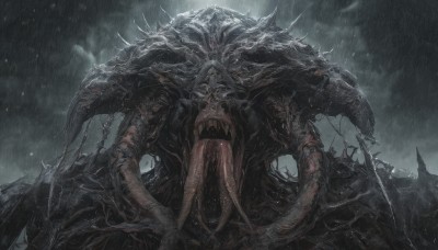 solo,open mouth,holding,weapon,outdoors,sky,teeth,tongue,sword,cloud,tongue out,holding weapon,armor,no humans,blood,holding sword,cloudy sky,sharp teeth,claws,rain,monster,grey sky,overcast,tentacles,1other,spikes,giant,extra arms,extra eyes,horror (theme),eldritch abomination