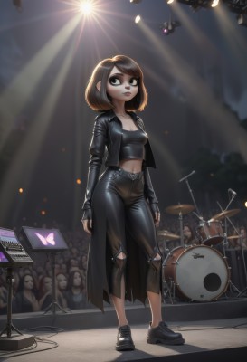 1girl,breasts,looking at viewer,short hair,bangs,brown hair,shirt,black hair,long sleeves,navel,cleavage,brown eyes,medium breasts,standing,collarbone,jacket,full body,small breasts,outdoors,parted lips,open clothes,shoes,teeth,solo focus,midriff,belt,pants,artist name,fingerless gloves,medium hair,black footwear,black eyes,open jacket,lips,black jacket,crop top,torn clothes,black shirt,makeup,night,swept bangs,black pants,bug,lipstick,butterfly,instrument,black nails,microphone,cropped jacket,6+boys,jeans,light rays,nose,music,arms at sides,guitar,red lips,light,leather,playing instrument,microphone stand,crowd,torn pants,leather jacket,drum,stage,lights,spotlight,drumsticks,keyboard (instrument),stage lights,people,torn jeans,drum set,concert,leather pants,solo,gloves,multicolored hair,black gloves,sneakers,shiny clothes,speaker