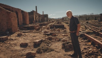 solo,short hair,shirt,1boy,standing,white hair,short sleeves,male focus,outdoors,sky,shoes,day,belt,pants,black footwear,black shirt,profile,facial hair,black pants,building,scenery,hand in pocket,rock,hands in pockets,very short hair,ruins,wide shot,old,old man,rubble,closed mouth,collared shirt,blue sky,realistic,debris